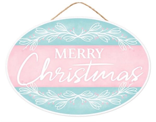 AP786963  13"L x 9"H Merry Christmas Oval Sign     Pink/Ice Blue/White