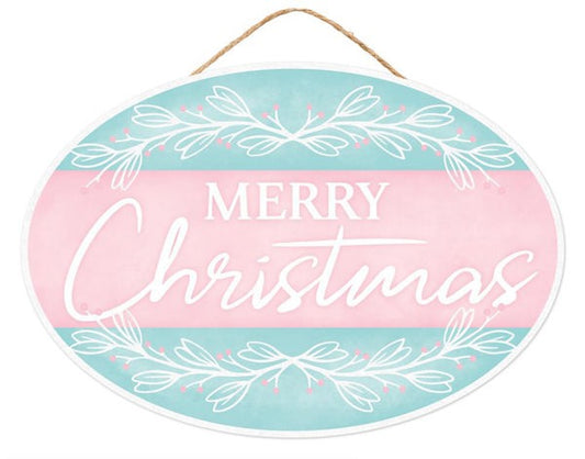 AP786963  13"L x 9"H Merry Christmas Oval Sign     Pink/Ice Blue/White