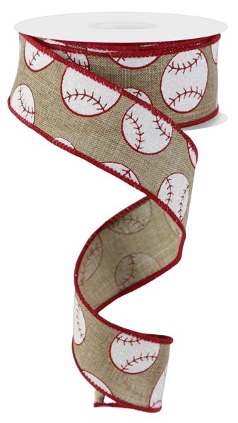 RGA117001  1.5" x 10yd Glitter Baseball On Royal Lt Beige/Red/White