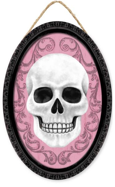 AP729715    13"Hx9"L Framed Skull Oval Sign   Black/White/Light Pink