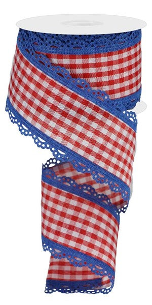 RGA1544A1 2.5" x 10yd Scalloped Edge Gingham Red/White W/Blue