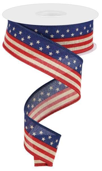 RGC1304R2   1.5" x 10yd Stars And Stripes On Royal    Lt Beige/Royal Blue/Red