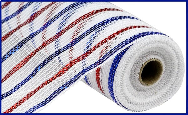 RY801288    10.25" x 10yd Metallic Poly/Fiber Mesh   White/Red/Blue