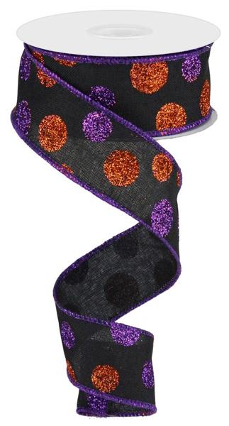 RG0170602  1.5" x 10yd Multi Size Glitter Dots/Royal Black/Purple/Orange