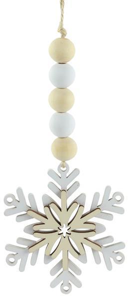 XA118218 8" Wood Bead/Snowflake Ornament Natural/White