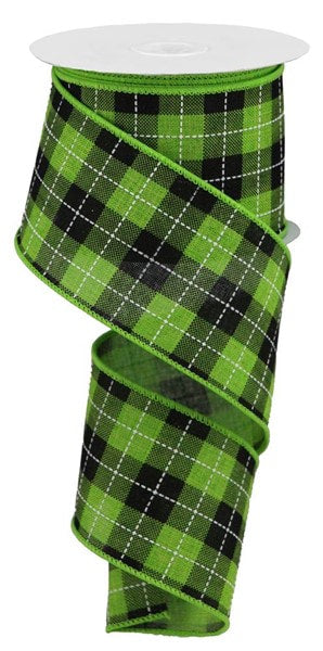 RGA18502F  2.5" x 10yd Printed Woven Check On Royal Fresh Green/Black/White