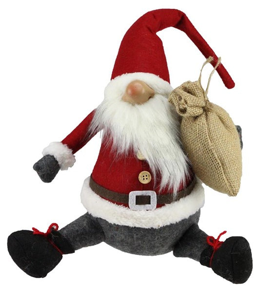 XN4224  16"H x 10"L Fabric Sitting Santa Gnome Red/White/Grey