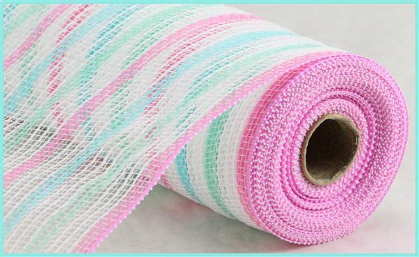 RY8338AT   10.25" x 10yd Faux Jute Stripe Mesh    Lt Blue/Mint/Lt Pink/Wht