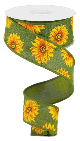 RG0187244  1.5" x 10yd Multi Sunflowers/Royal Burlap Green/Ylw/Orng/Rust/Brn