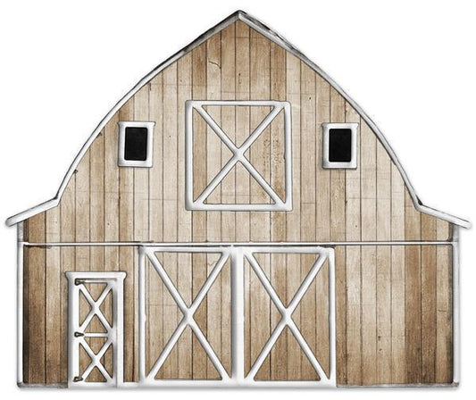 MD0729    12"LX9.75"H  Metal/Embossed Barn   Tan/White