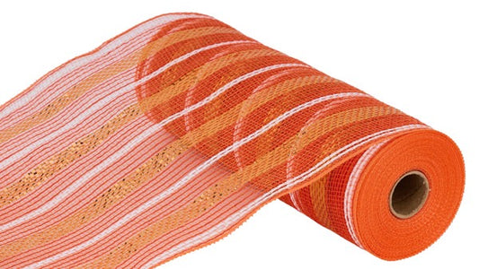 RY802081  10.25" x 10yd Poly/Faux Jute/Metallic Mesh   Orange/White