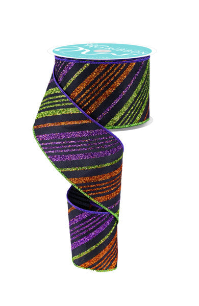 RGF1431CY   2.5" x 10yd Diagonal Glitter Stripe   Black/Purple/Orange/Lime