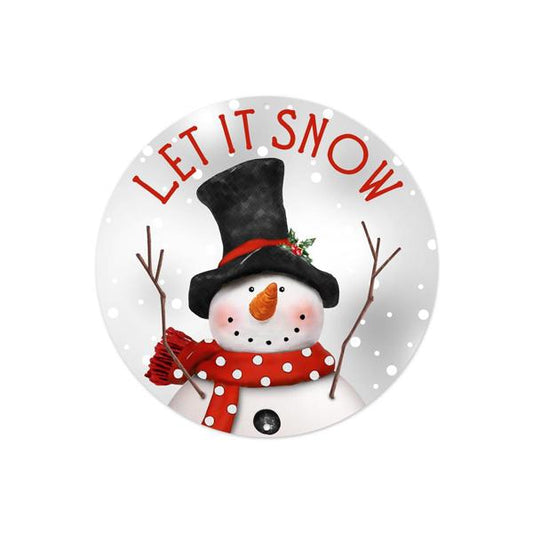 MD0956    8” DIA Metal Let It Snow Snowman    White/Red/Black/Grey