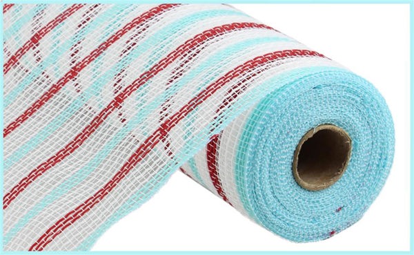 RY8338R6   10.25" x 10yd Faux Jute Stripe Mesh   White/Red/Ice Blue