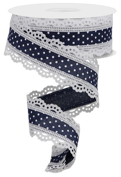 RG0886919   1.5" x 10yd Raised Swiss Dots W/Lace    Navy Blue/White