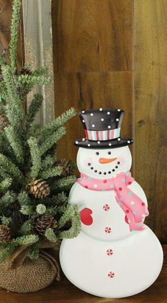 MD0725 12"H X 6.5"L Pink Embossed Snowman W/Scarf White/Pink/Red/Black