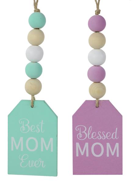 MS173099. 7"L Wood Bead Mom Tag Ornaments      Asst Lavender/Robin Egg