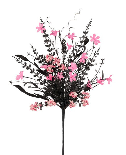 FH807156  24"L Fabric Flower/Eva Leaf/Beads Spray Black/Hot Pink/White