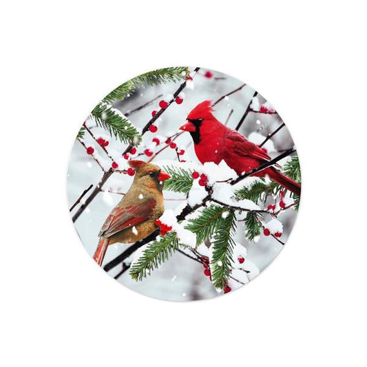 MD0960     8"Dia Metal Cardinals On Snowy Branch   White/Red/Brown/Green