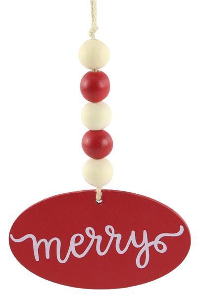 XA118724 6.5" Wood Bead/Merry Oval Ornament Red/Natural