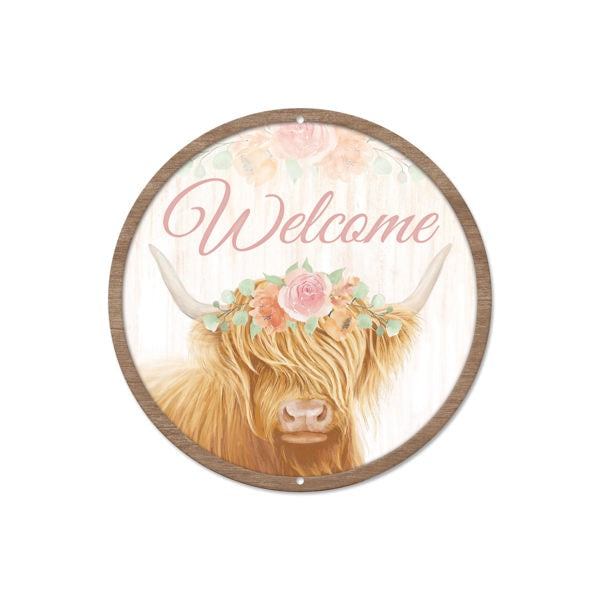 MD138466    8"Dia Metal Welcome W/Cow Sign    Brown/Cream/Dusty Rose