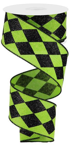 RGA149933     2.5" x 10yd Glitter Harlequin Check    Lime Green/Black