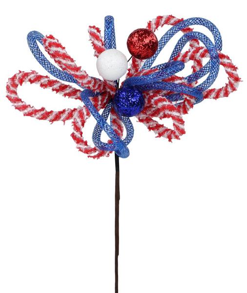 HJ9023    12"L Snowdrift/Foil Glitter Ball Pick   Red/White/Royal Blue