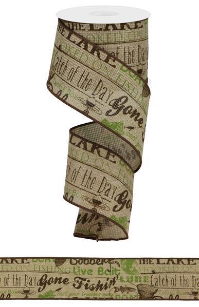 RG1411   2.5" x 10yd Fish Words/Cross Royal     Chocolate, Moss Green