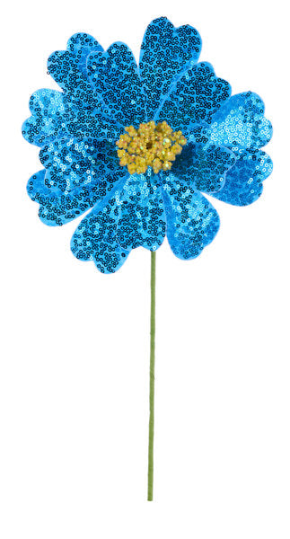 FH814303  8"Dia Sequin Flower Stem, 18"Oal Blue