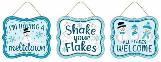 MD1215  7"LX6"H Tin "Shake Your Flakes" Mini Sign  White/Blue