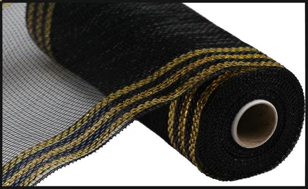 RE8503F8  10" x 10yd Border Stripe Metallic Mesh   Black/18K Gold