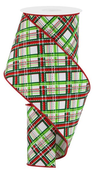 RGE185133  4" x 10yd Diagonal Dash Plaid Wht/Lme/Emrld/Red