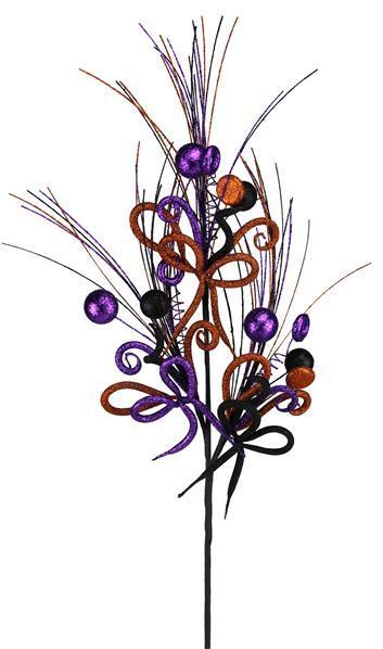 HH1217 34"L Glittered Tubing Bow Spray Orange/Black/Purple