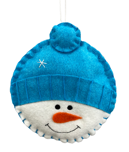 85707BL    6"Dia   Plush Snowman Head Ornament   Blue