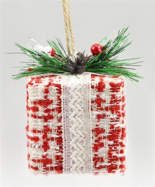 XJ432924    4.5"H X 3"Sq Tweed Gift Ornament     Red/White