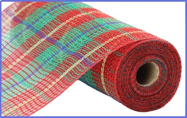 RY8335X7     10.25"X10yd Faux Jute/Lg Plaid Mesh   Red/Emerald/Ryl Blue/Gold