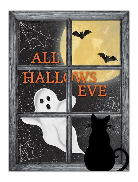 MD1247   12.75"H x 9.5"L Hallows Eve Window Sign   Black/White/Orange/Yellow