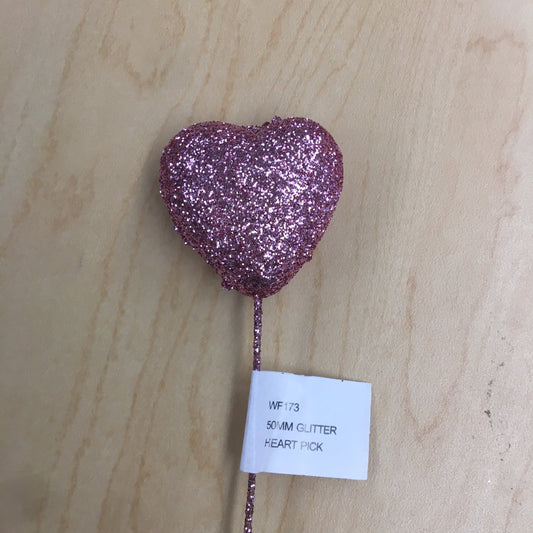 WF173  50MM Glitter Heart Picks    Pink