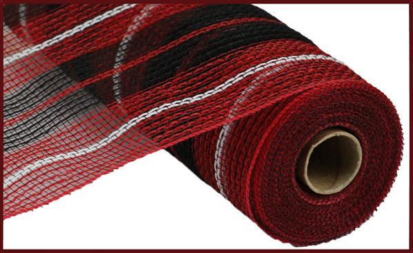 RY8330H9   10.25" x 10yd Faux Jute/Thick Stripe Mesh   Red/Black/White