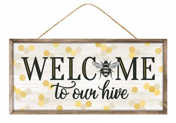 AP7271    12.5"L x 6"H Welcome To Our Hive Sign    Black/Brown/Yellow