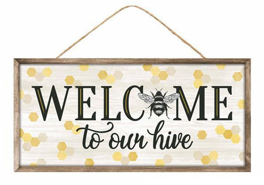 AP7271    12.5"L x 6"H Welcome To Our Hive Sign    Black/Brown/Yellow