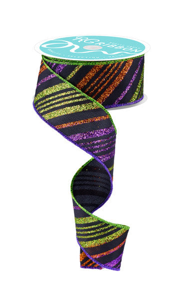 RGF1430CY  1.5" x 10yd Diagonal Glitter Stripe Black/Purple/Orange/Lime