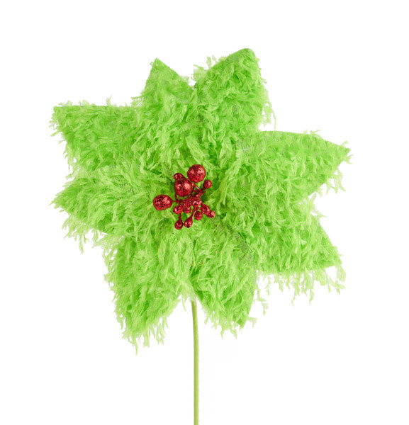 XS410351  13"Dia Furry Feather Fabric Poinsettia  Lime Green/Red