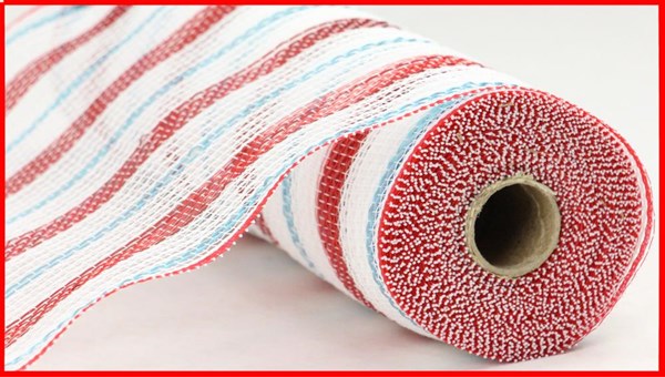 RY8020R6 10.25"X10yd Poly/Faux Jute/Metallic Mesh White/Red/Ice Blue