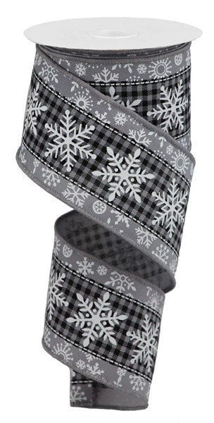 RGB109810  2.5" x 10yd Snowflake On Check Grey/Black/White