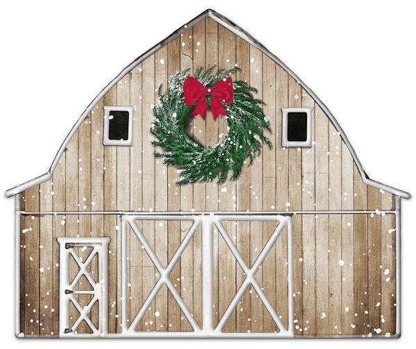 MD0730    12"L x 9.75"H Metal/Embossed Winter Barn    Tan/White/Emerald