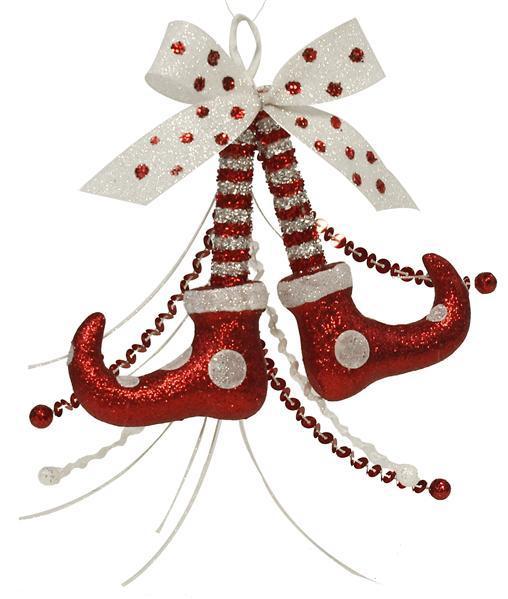 XY813540  11"Wx11"H  Red/White Glitter/Foil Elf Leg Orn