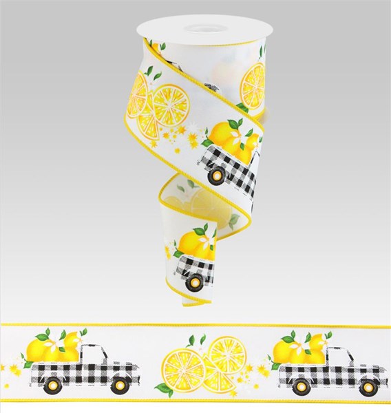 RGC178427   2.5" x 10yd Gingham Truck W/Lemons   Wht/Ylw/Grn/Blk