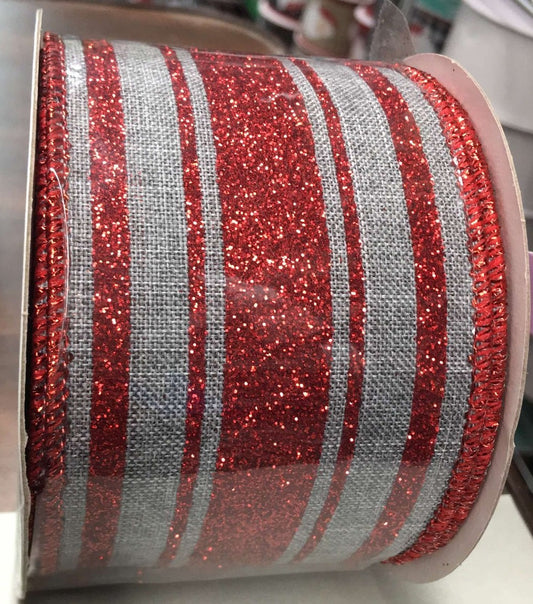 RGA114110 2.5" x 10yd Glitter Vertical Stripe Gray/Red