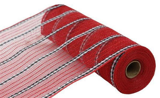 RY8901H9   10.25" x 10yd x Lwide Fabric/Faux Jute Mesh    Red/Black/White